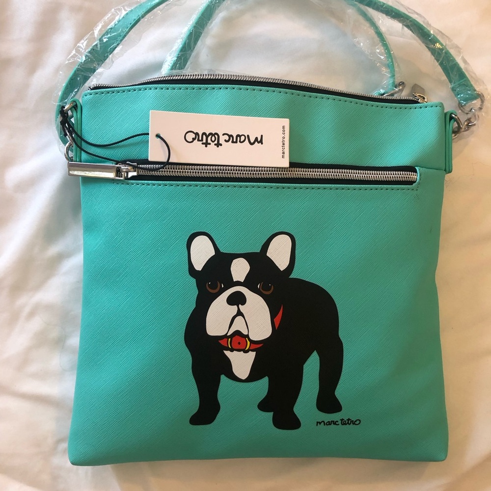 Marc Tetro Teal Crossbody Bag with French Bulldog Motif